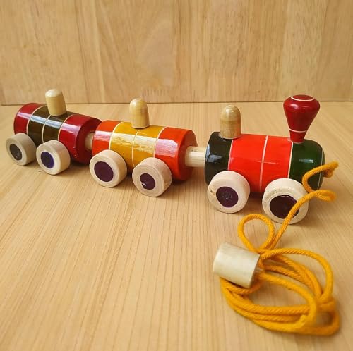 Image of Channapatna Toys Wooden Train for 12 Months & Above Kids, Toddlers, Infant & Preschool Toys - Multicolor - with Attached String- Encourage Walking, Free Tiger peg Doll