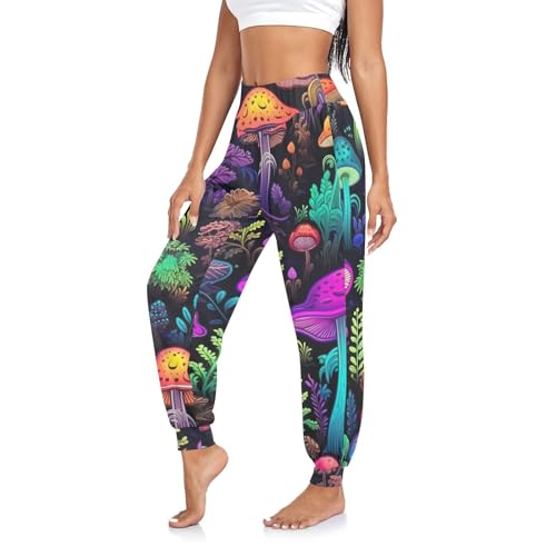 Pantalon sarouel vintage champignon coloré pour femme, pantalon d'été hippie bohème yoga pantalon de jogging, Champignon vintage coloré, Taille L