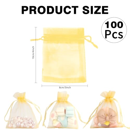 Image of Organza Bags, Gold Organza Bags, 100Pcs, Sheer Organza Bags 3 x 4 inch, Jewelry Gift Bags, Party Favor Bags with Drawstring, Mesh Gift Pouches Mini Candy Bags for Wedding Birthday Party