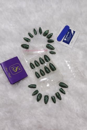 Image of Press On Nails for Women Fake Nails 24 Pcs Nail Extension kit Stick On Nails with Glue and Manicure Kit|Urban Cloud Polished Gloss Press On Nails | ABS Material UV Protected Long Lasting Finish | (Green - Long Stiletto)