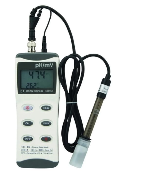 AZ8601 meter displaying pH 4.74 and temperature 26.2 degrees Celsius