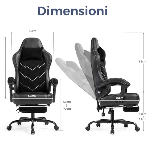 Sedia Gaming Ergonomica, Sedia da Ufficio con Poggiapiedi, Regolabile, Supporto Lombare, Cuscino a Molle, Braccioli Sincronizzati, Capacità di Carico 200kg, Nero Ossidiana - Sedia gaming - Immagine 2