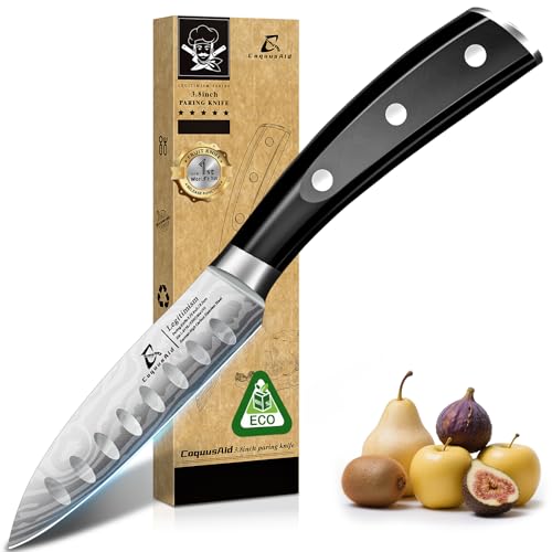 Paring Knife 3.75 Inch Fruit Knives, Small Kitchen Knife, Ultra Sharp German Stainless Steel Vegetable Knives, Damascus Pattern, Full Tang Handle Desi