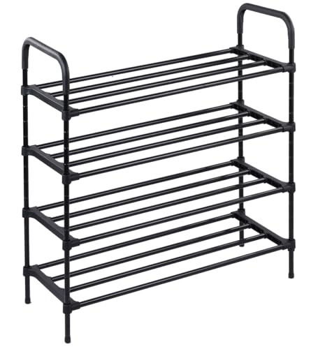 Theona 4 Tier Metal Shoe Rack for Home, Entryway & Closet | Powder Coated Iron Shoe Stand | Space Saving Multi-Layer Footwear Organizer (Black)