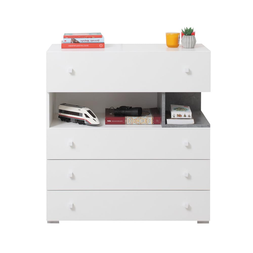 Lomadox Jugendzimmer Set 7-teilig mit Kommode, Eckkleiderschrank, 2 Regalschränke, Wandregal, Schreibtisch, Jugendbett in Beton und weiß modern