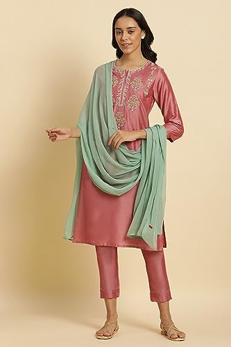 Image of W for Woman Women Polyester Aqua Green Chiffon Dupatta With Gold Mukaish, Free Size