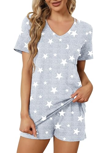 Image of RUBZOOF Women's Short Sleeve Pajama Sets with Pockets Casual V Neck 2 Piece Lounge Sets S-3XL