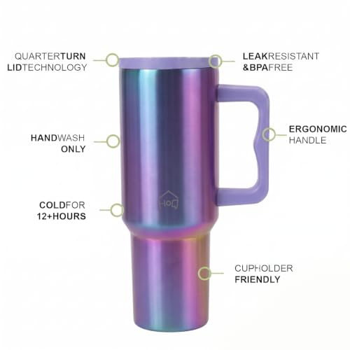 Image of House of Quirk 1200ML Stainless Steel Tumbler with Handle & Lid, 2 Straws - Large Travel Mug Water Cup for Gym, Office & Outdoor Use (Aurora Prism)