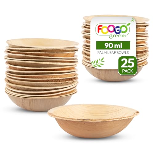 FOOGO Green 25 Mini Cuencos Desechables de Hoja de Palma, 10 cm, 90 ml, para Postres y Ensaladas, Redondos, Biodegradables, Compostables, Como los Cuencos de Madera, Bambú y Papel, Fiesta