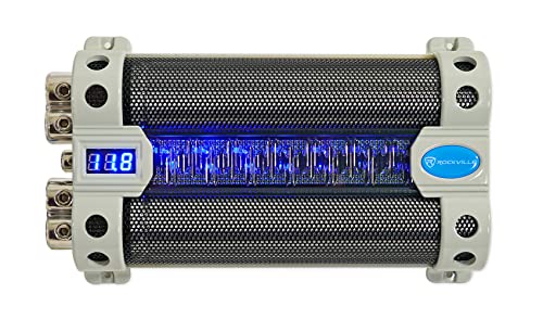 Rockville RFC30F 30 Farad Capacitor, Blue Voltage Display, LED Meter, Sleep Mode, Reverse Polarity Warning, for High-Power Car Audio Systems