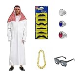 TOPRUNYI Scheich Kostüm Herren,Araber Scheich Kostüm,8 Stück Faschingskostüm Herren mit Kopftuch, Gewand, Bart,Finger Ring, Halsketten,Sonnenbrillen Disfraz Jeque Arabe Hombre für Karneval, Cosplay