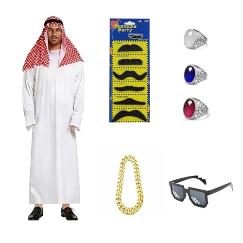 TOPRUNYI Disfraz Jeque Arabe,Disfraz Jeque Arabe Hombre Incluye 13 Accesorios para Disfraces,Disfraces Carnaval Hombre,Para Celebraciones de Carnaval y Fiestas de Disfraces de Halloween