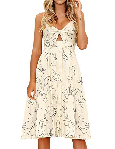 FANCYINN Womens Floral Prints Tie Front Button Down Spaghetti Strap Midi Dress Apricot XL