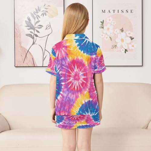 ALAZA Blue Yellow Tie Dye Watercolor Satin Pajamas Set Short Sleeve Button Down Sleepwear Summer Pjs 2 Piece4