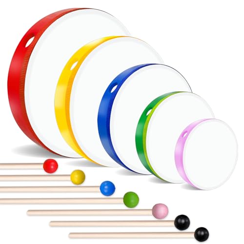 5 Pcs Kids Hand Drums Wood Frame Drum Set with Drum Stick 12 Inch 10 Inch 8 Inch 6 Inch 4 Inch Multicolor Percussion Musical Instruments for School...