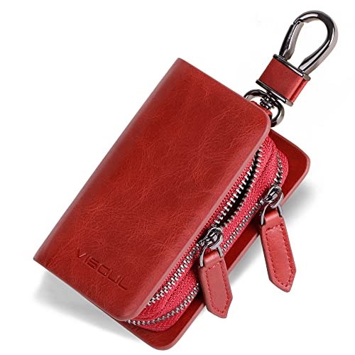 Image of VISOUL Car Key Case Holder Double Zipper, Leather Car Smart Key Fob Case with Keychain for Men and Women
