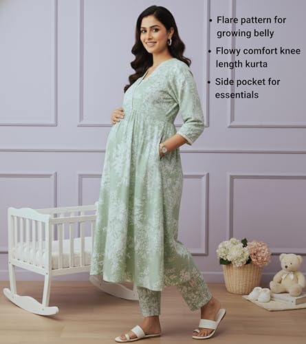 Image of DUMMY SHAPE Maternity Dresses for Women Cotton | Floral Kurta Pant Dupatta Set with Nursing Zippers, Side Pocket | Pre & Post Pregnancy | Feeding Kurti Suit | Baby Shower | Gifts for Pregnant Woman