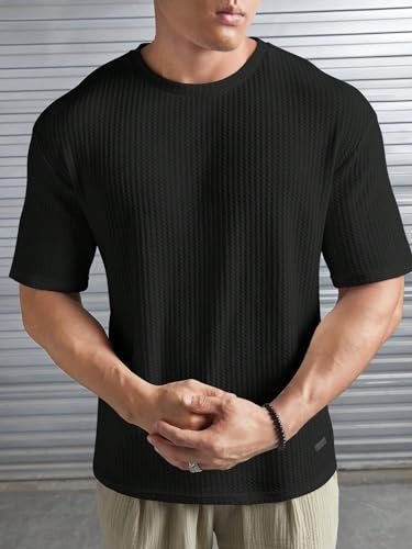 Image of NETCLICK Mens Solid Dotted Unique Design Oversized Round Neck Loose Fit Drop Shoulder T-Shirt