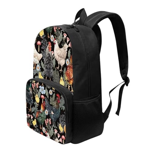 Cute 17 Inch Kids School Backpack for Girls with Front Pocket Padded Straps Nostalgic Chicken Rooster Backpack Girls Lightweight Print Bookbag Black Simple Style Student Daypack3