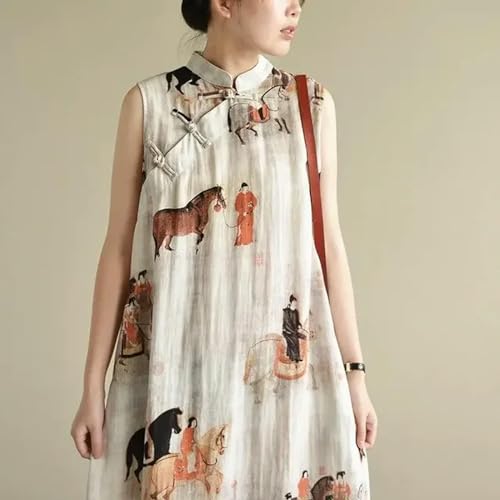 JIMINISO Elegant Cotton Linen Horse Printed Sleeveless Cheongsam Dress Casual Tea Wear Chinese Traditional Qipao Dresses