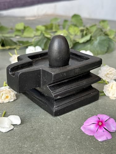Image of Shivam VASTU AKAL 1.5 inch Original Narmadeshwar Narmada Shivling with 3 inch Narmada Stone Yoni Base Jaladhari (Black Shivling, Black Square Jaladhari)