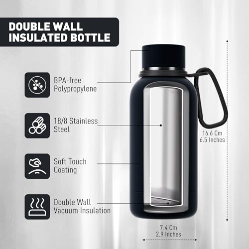 Exllena Double Wall Vacuum Insulated 350ml Bottle with Clip - Keeps Drinks Cold/Hot Up to 24/12 Hrs - BPA Free (Black) - Image 2