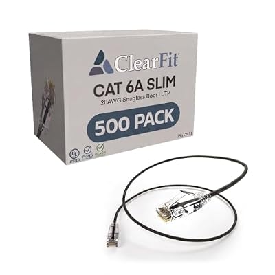 ClearFit Slim 500 Pack- 3 Foot Cat6A Cable, 28 AWG Ethernet Patch, Network, Clear Boot, Cat 6A Internet, Black, 3 Foot, by UNC Group