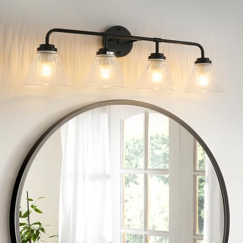 Modern Black Bathroom Vanity Light, 4-Light Wall Sconce with Clear