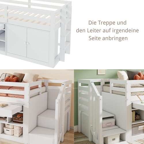 xixiworkshop Hochbett 90x200cm, Multifunktionales Jugendbett mit austauschbar Tisch/Schrank/Treppen/Leiter Bett mit Stauraum, Einzelbett Rausfallschutz ohne Matratze