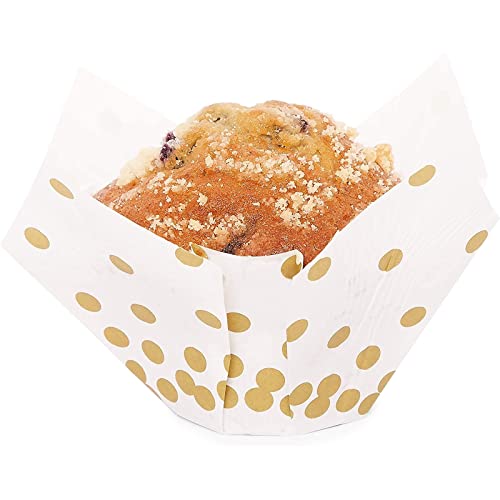 150 Pack Gold Polka Dot Muffin And Tulip Cupcake Liners For Baking And Decor (White, 3.35 X 3.5 Inches) #TOP2