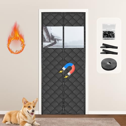 HOMGEN Magnetic Thermal Insulated Door Curtain for Winter - 87x208cm Visible No Drilling Door Covers - Thickened Cold Resistant Door Screen with Snap - Soundproofing Front Curtain for Bedroom