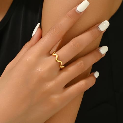 Stackable Gold Rings for Women Dainty Open Cubic Zirconia Wave Cuban Rings Trendy Adjustable Wedding Eternity Bands Non Tarnish4