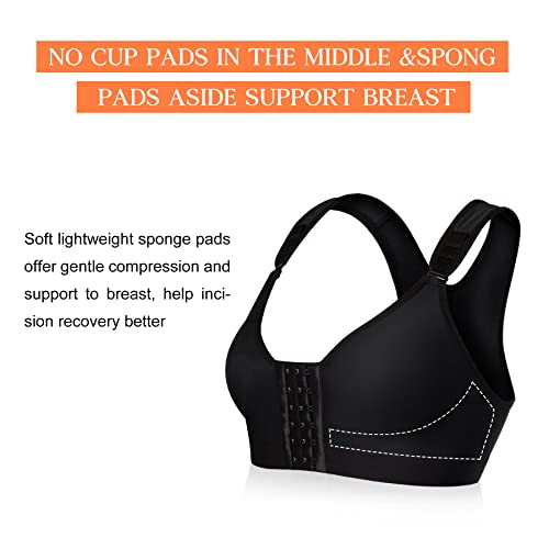 Wonderience Sports Bra Post-Surgical Wide Adjustable Strape With Front Closure Wirefree (Black, X-Large) #TOP3
