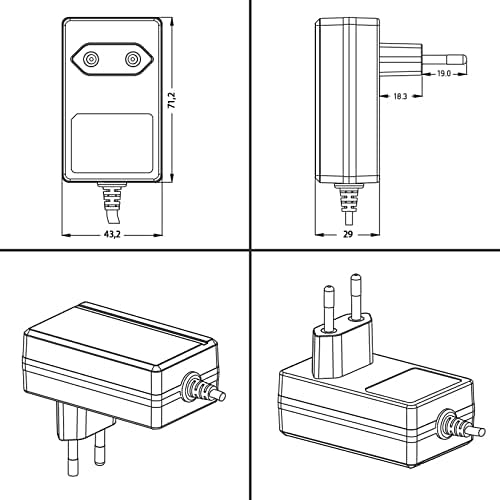 Technical drawing showing the dimensions of the Poppstar AC DC power adapter, including length, width, height, and plug dimensions.
