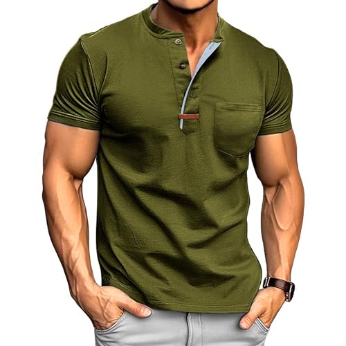 Men Round Neck Henry Collar Casual Shirt Quarter Button Chest Pocket T Shirt Summer Classic Sport Pullover Tops (Navy Green,Medium)