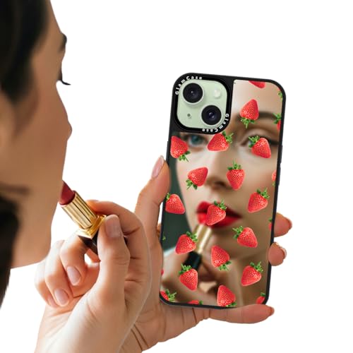 Coque miroir iPhone 15 GlamCase antichoc avec motif fraise noir pour fille