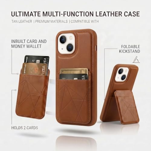 Image of amazon basics Premium Vegan Leather Back Cover with Card Holder and Integrated Mobile Stand for iPhone 13 - Slim Shockproof Wallet Case with Geometric Stitching [Tan]