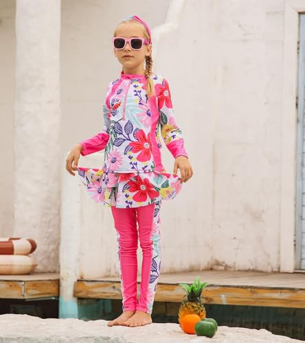 Image of Girls Long Sleeve Rashguard Half Zip Swimsuits UPF 50+ Two Piece Swim Sets with Hairband 5-12Y | Two Piece Swim Sets with Hairband