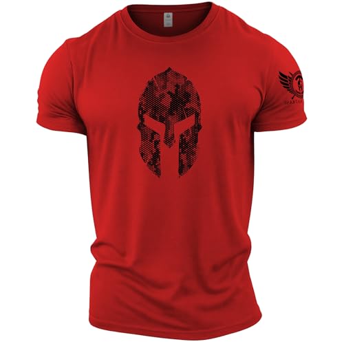 Image of GYMTIER Spartan Forged - Spartan Helmet Hex Camo - Men's Gym T-Shirt Bodybuilding Training Workout Lifting Top Clothing, Red, M