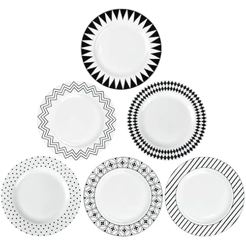 AnBnCn Dinner Plates Ceramic Plate Set - 10 Inch Large Porcelain Round Plate Sets of 6 - Flat Black and White Pattern Dining Plates for Kitchen| Family - Microwave | Dishwasher | Oven Safe Cover