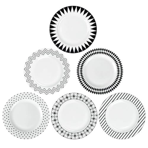 AnBnCn Dinner Plates Ceramic Plate Set - 10 Inch Large Porcelain Round Plate Sets of 6 - Flat Black and White Pattern Dining Plates for Kitchen| Family - Microwave | Dishwasher | Oven Safe