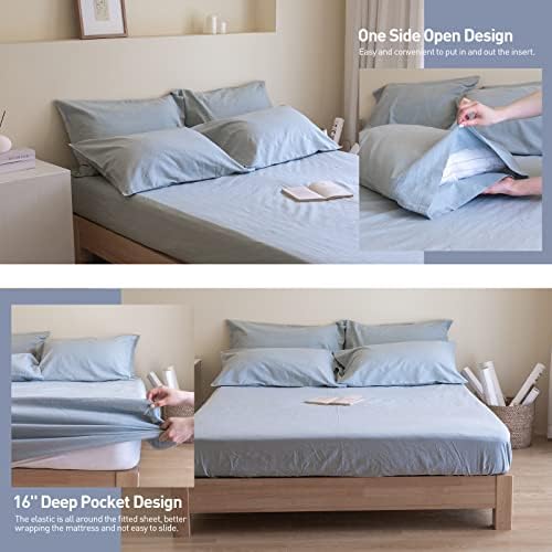 Simple&Opulence Belgian Linen Sheet Set Solid Color - 6 Pieces (1 Flat Sheet & 1 Fitted Sheet & 4 Pillowcases) 16" Deep Pocket Natural Flax Cotton Blended Soft Bedding - Dusty Blue, Queen Size - Thumbnail 4
