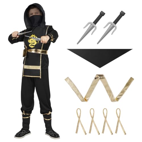 AOOWU Disfraz Ninja para Niño, 3Pcs Disfraz Mono Ninja con Máscara y Cinturón, Disfraz de Samurai Negro de Ninja para Cosplay Anime, Disfraz Halloween Niño para Fiesta, Carnaval y Cumpleaños