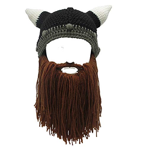 YEKEYI Baby Adult Beard Viking Knit Hat with Horns Barbarian Funny Beanie Cap Handmade (Coffee, S-for Children)