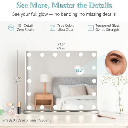 Image of LUXFURNI Vanity Mirror with Lights, 23.6 inch Hollywood Makeup Mirror Silver | 18 Surround LED Bulbs, 360 Shadow-Free Lighting, 3 Color Modes, USB Charging, Tabletop & Wall Mount for Bedroom Dorm Desk