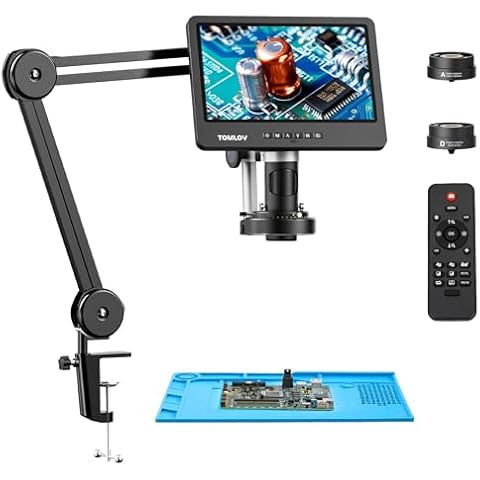 TOMLOV DM602 Flex Digital Soldering Microscope 2000x, Flexible Arm, 10.1" HDMI Microscope with 3 Lens, Coin Microscope with Ring Light, Adults LCD Video Microscope, Electronic Repair Mat Included,64GB Cover