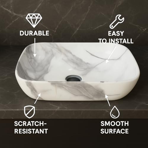Image of Ceramic Tabletop Wash Basin - Glossy Rectangular Countertop Vessel Sink with Marble Finish for Bathroom & Vanity | Compact 18 x 13 x 5 Inch | Elegant Washbasin
