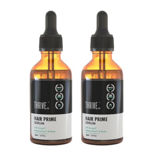 Image of ThriveCo Anti-Grey Hair Prime Serum | Reverses & Limits Hair Greying | Arcolys + Biotin + Black Tea Extract | Light-Weight, Non-Sticky & Odourless | For Men and Women | 30 Ml (Pack of 2)
