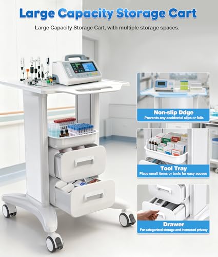 Medication Cart, Medical Rolling Storage Crash Cart with Wheels & Drawers, Ultrasound Nursing Emergency Cart with IV Pole,Casters, Holder, Trash Bin for Clinic, Hospital (18*18*28IN, White/2 Drawer)
