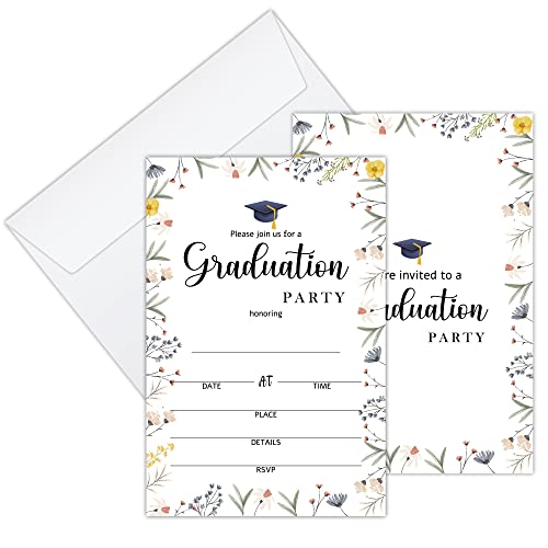 Wild Flower Graduation Invitations Cards, Graduation Party Celebration, Grad Announcement Invite Card for High School or College - 25 Fill in Invitations and 25 Envelopes set/GRAD-06